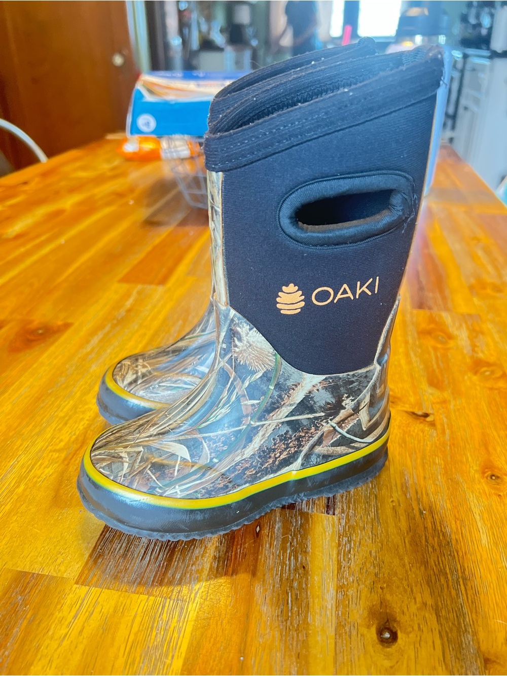 OAKI Kids' Camo Rain & Snow Boots with Black Neoprene Shaft and Yellow Trim